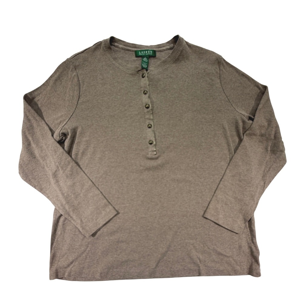 Lauren Ralph Lauren Henley Top Womens 1X Brown Cotton Long Sleeve 0619